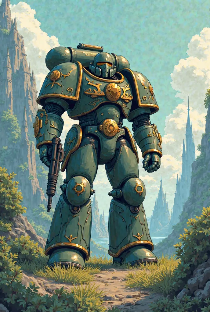 A Warhammer 40000 space marine. You have to use the anime style of studio Ghibli