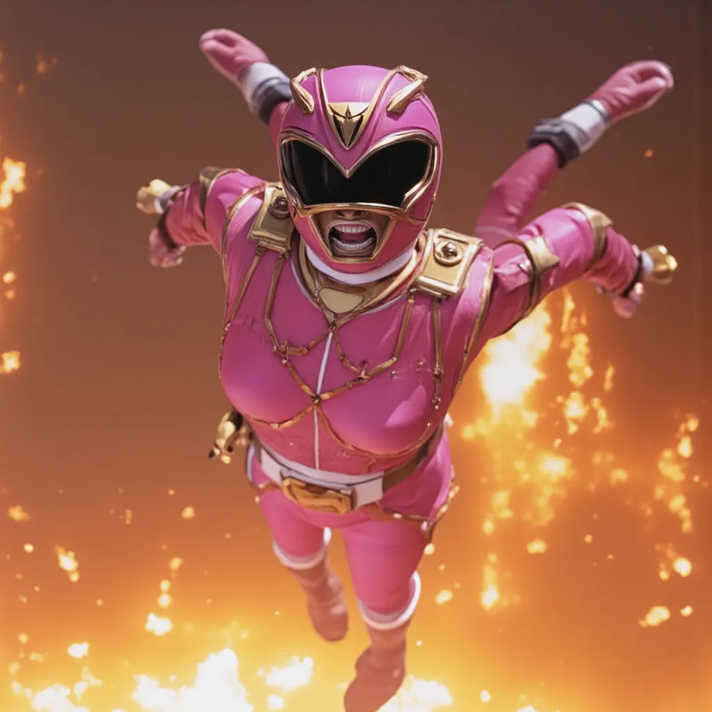 pink ranger, on fire, falling, detailed facial features, intense expression, dynamic pose, HDR, 8K, 1girl, Breasts, Open Mouth, Super Detailed, Bangs, Crying, 