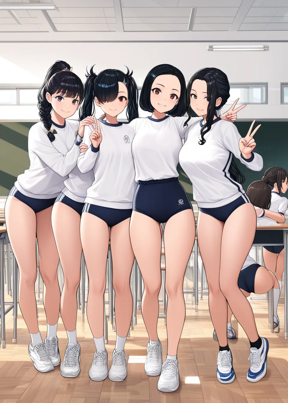 (Five Girls : 1.3),5 girls,(White gym clothes, Long Sleeve,Dark blue buruma, sneakers,pubic hair), black hair, ponytail , bob cut, twin tails, long hair, short hair, bun hair, wavy hair,サイド ponytail , braids,Forehead, Hair Over One Eye,smile,stand,classroo...