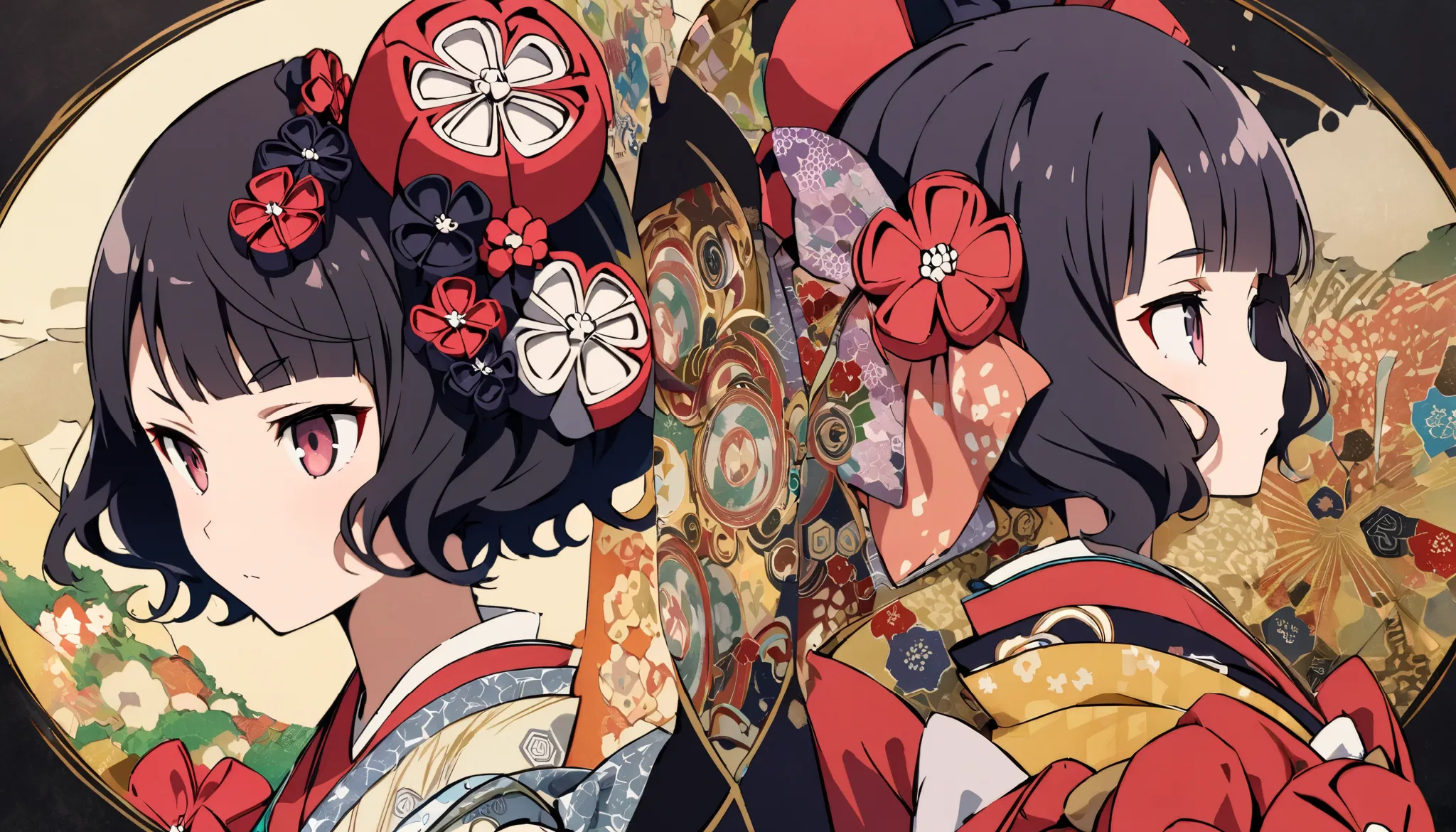 sideview,(looks away),best quality,  Let's take a peek at Style Hokusai ,  black hair,red eyes, wonderful kimono ,kaleidoscope,  rich and colorful  , traditional Japanese style, Alice in Wonderland