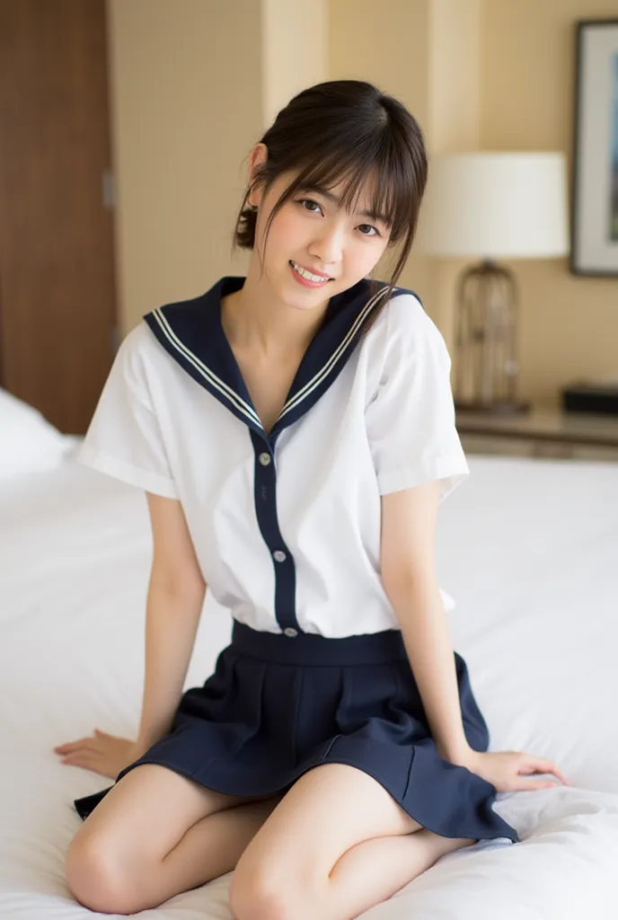 (Masterpiece, Best quality:1.4), (Ultra realistic, Photo-realistic:1.3), (Wearing Sailor suit, White short sleeve:1.2), (Dark navy skirt:1.2), (Wearing white sock), (small breasts), Natural light, 20 years old actor, Japanese woman, Neat and clean, ponytai...