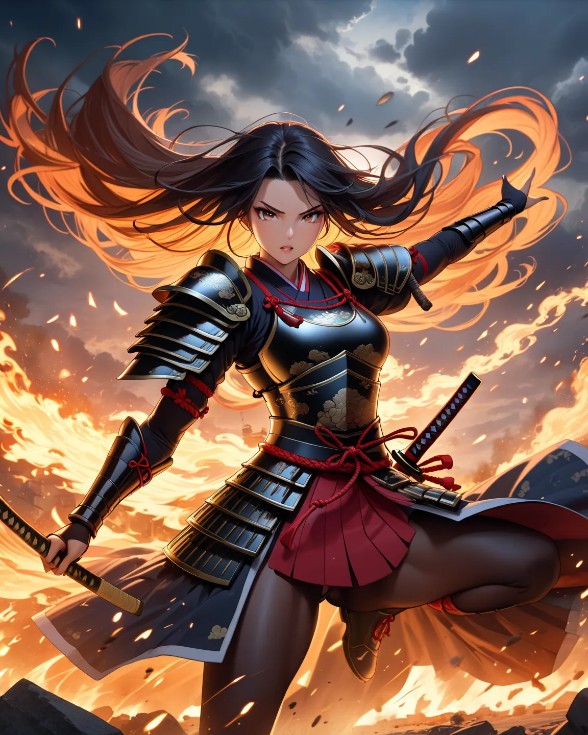 Masterpiece, best quality, ultra-detailed, (dynamic pose:1.3), (sexy and strong:1.3), (gorgeous armor:1.2), (samurai general:1.3), warrior woman, commanding troops, long flowing hair, wind blowing, fierce expression, (majestic presence:1.3), battlefield ba...