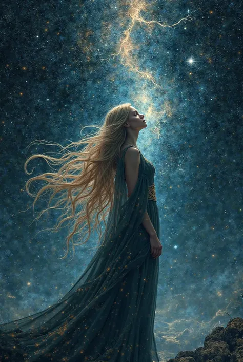 Lady shaman, blonde hair, looking at the stars, universe