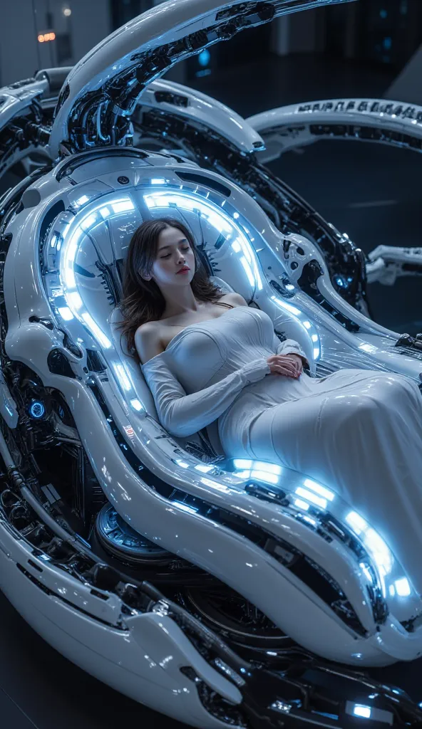 A woman sleep in cryogenic pod, in sci-fi theme, apod is glowing blue with complex sci-fi ornament