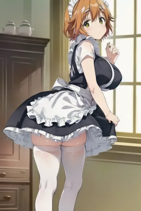 Koiwai Yoshino ,(masterpiece, best quality:1.2),2D, anime,  Anime art,  line art  , watercolor,loli, 1 girl , (orange hair), (large breasts:1.6),indoors,maid,(maid apron),(maid headdress),(short sleeves),thighhighs,(waist apron),(white apron:1.6),(white le...