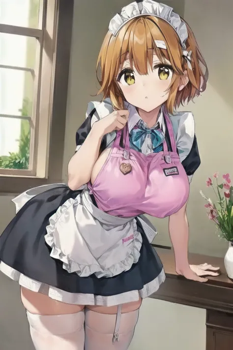 Koiwai Yoshino ,(masterpiece, best quality:1.2),2D, anime,  Anime art,  line art  , watercolor,loli, 1 girl , (orange hair), (large breasts:1.6),indoors,maid,(maid apron),(maid headdress),(short sleeves),thighhighs,(waist apron),(white apron:1.6),(white le...