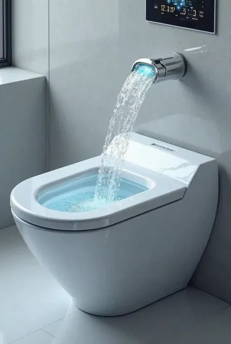 A close up view of a smart Bidet Toilet squirting forth water . The Water closet should have a built in Touch screens.