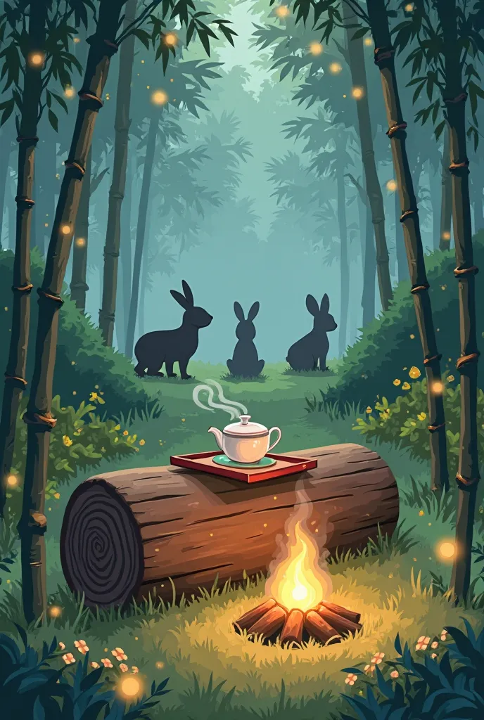 log with a tray of tea in the background of a meadow, bamboo forest, lots of, of a campfire and fuzzy silhouettes of furry animals, High detail, fireflies, Fantasy world , drawing a cartoon or anime