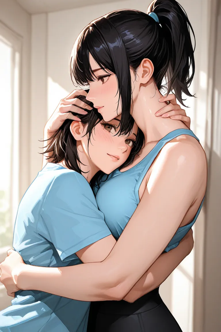 Men like to exercise.
et
Girls love to play games

I would like you to create a figure that looks like the one mentioned, with a man hugging the woman's neck, making it a manga.