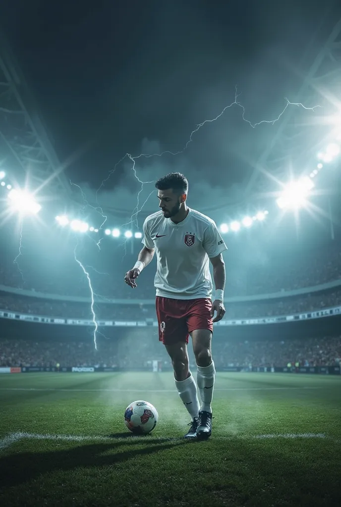 background image with soccer stadium, space to place the team's logo to call up a soccer player, Elaborate with a scary model with lightning and smoke, 