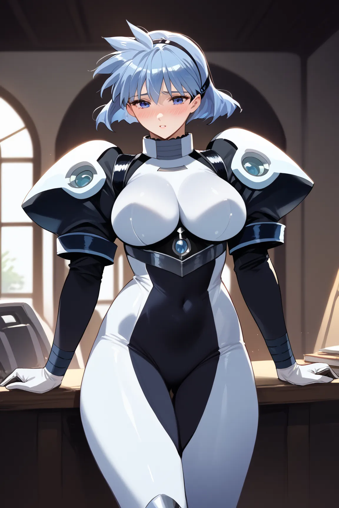 score_9, score_8_up, score_7_up, score_6_up, score_5_up, score_4_up, masterpiece, best quality, BREAK,
1girl, indoors, meia, blue hair female, short hair, large breasts, bodysuit, hairband, armor, blush