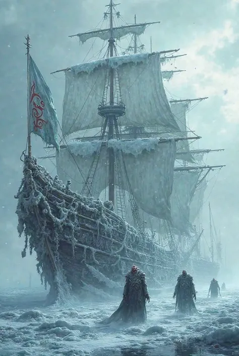 Huge ships frozen in an icy sea, their crew made up of creatures with distorted faces, wearing armor made of bones and ice, and their torn flags bearing symbols of unknown civilizations.