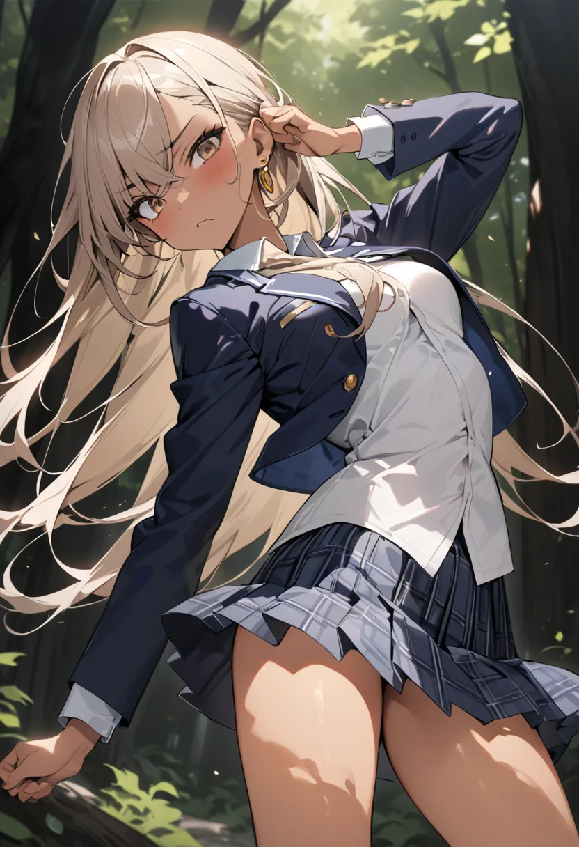 ((greatest masterpiece,Ultra High Quality:1.2)),(super resolution),(solo),cowboy shot,Slender, small-breasted Yankee high school girl doing a fighting pose in the woods,beautiful face, healthy tan skin ,Light brown long hair,Thin, tall, perfect brown eyes,...