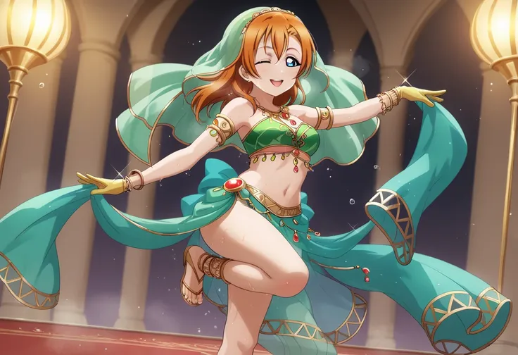 anime style, love live,kousaka honoka , love live, orange hair , Wearing Arabian style clothes, green veil with golden ends, purple blouse, green puffy sleeves golden cuff bracelet, gloves, revealing golden sarong, nudity,revealing clothes,bare foot, sweat...