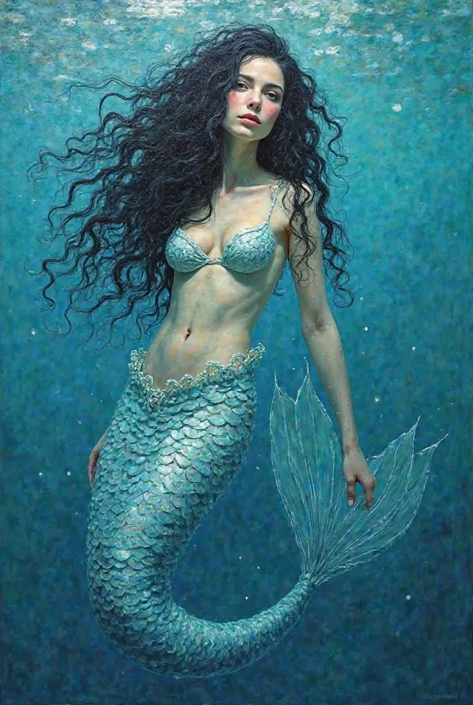 Oil painting of a very long black curly haired mermaid with pale blue skin in the sea.