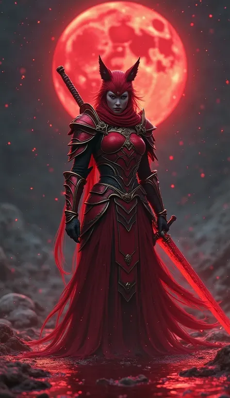  32k resolution ， Ultra High Detail ， Super Quality ，hyper-realistic， Wearing Red Armor ， Warrior with Red Sword ， with Fox-like Face ，Single Arm Bracelet ， Standing on Blood Water Surface ， Weapon on Ground ， Extremely Intricate Dark Night，Star， Red Moonl...