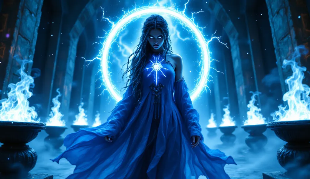 "A beautiful and dangerous priestess of the Thunderbringers, wearing a flowing blue robe adorned with glowing runes. Her hair is braided with electric threads, and her eyes glow with blue light. She stands in a futuristic temple, surrounded by holographic ...