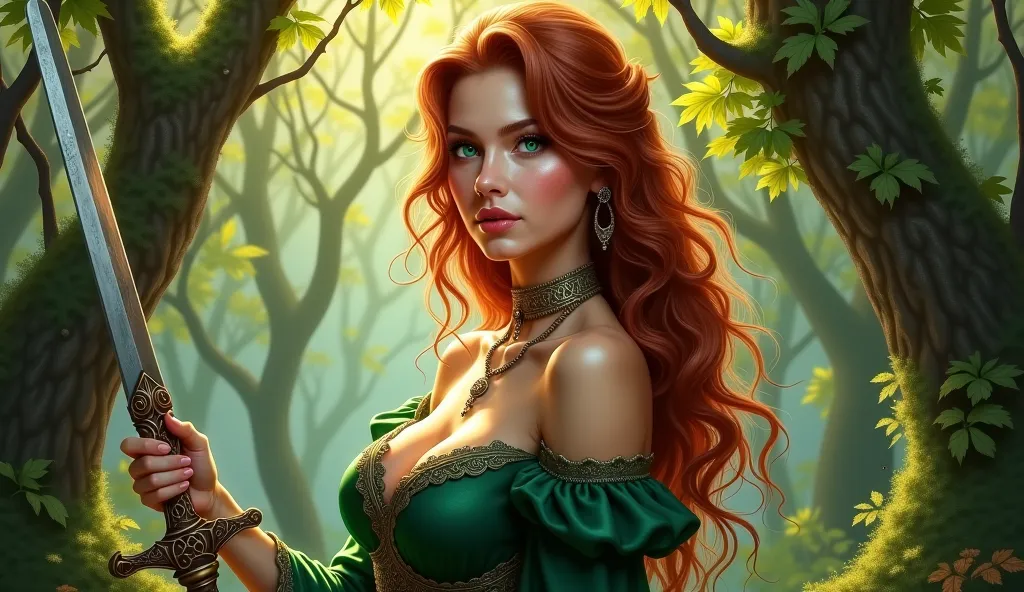 beautiful Celtic woman with big breasts and perfect body,  with a highly detailed sword , green clothes,  hyperrealistic portrait,detailed face,slender figure, elegant stance ,serene expression,captivating eyes,wavy hair, radiant skin ,mystical forest back...