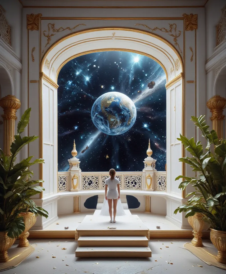 A utopian living With white and gold arches.luxury.  In the background you can see a cosmic landscape. Plant. UHD 