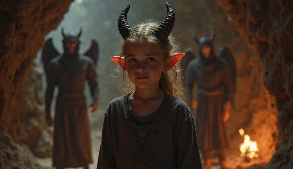 In a dimly lit cave, a young girl with devil horns, pointed ears, and a playful expression stands in the foreground. She wears a simple, dark tunic that enhances her mystical presence. Surrounding her are figures with wings and dark features, set against f...