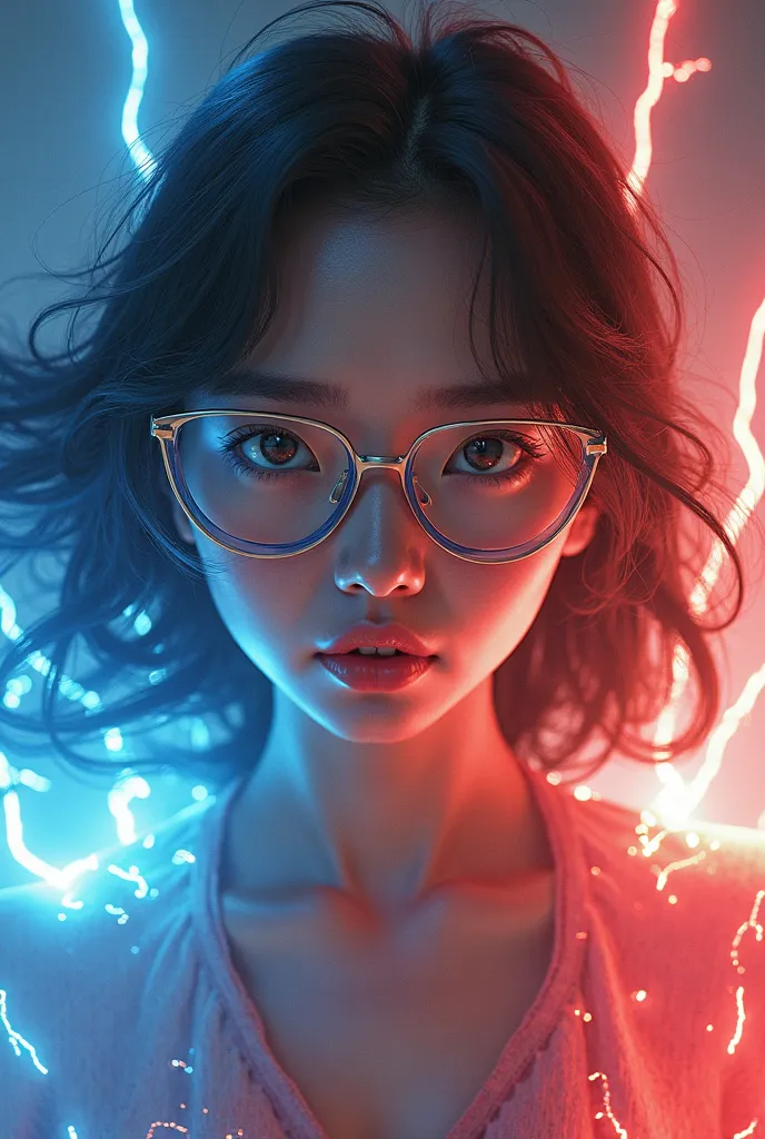 **"A three-stage transformation of a Japanese woman with long, silky black hair, striking blue eyes, and round nerd glasses as she undergoes a dramatic change due to powerful energy rays. In the first stage, she appears as a petite, bookish woman wearing a...