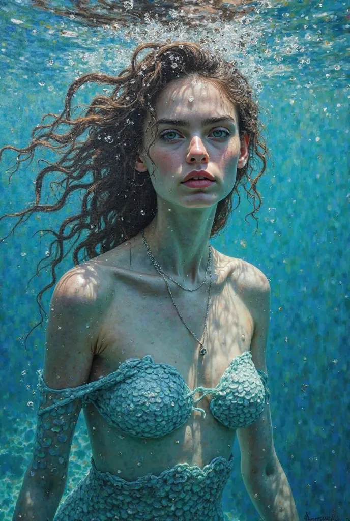 Oil painting of very long black curly haired Cara Delevigne as a mermaid with pale blue skin in the sea.