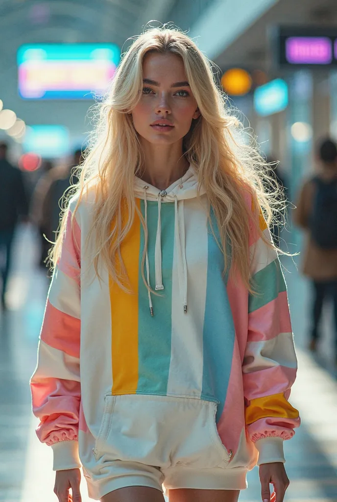 8k, masterpiece, highest quality, Colorful, winter, vibrant white striped oversize hoodie,  long blonde hair, airport background, bright light, fashion photography, high-contrast, vivid colors
