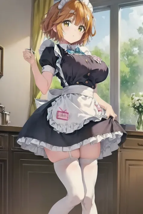 Koiwai Yoshino ,(masterpiece, best quality:1.2),2D, anime,  Anime art,  line art  , watercolor,loli, 1 girl , (orange hair), (large breasts:1.6),indoors,maid,(maid apron),(maid headdress),(short sleeves),thighhighs,(waist apron),(white apron:1.6),(white le...