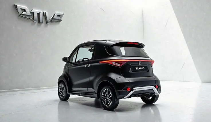 A full attractive hd photo of 2025 TVs King deluxe rekshaw  black color of exterior. A white shiny showroom background logo behind the wall. A car with Back side view of vehicle.