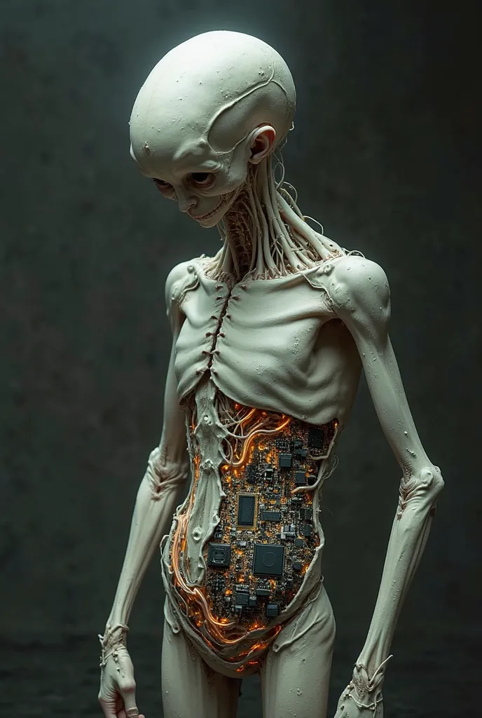 A grotesque surreal image of a digital handwriting, a strange thin humanoid creature with a large head and a wide torso pushes the skin on its stomach with its thin arms, in the gap between the parted skin, a part of a complex printed circuit board with mi...