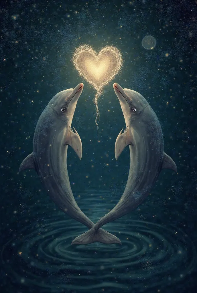 Create an image of two dolphins and a heart in the stars 