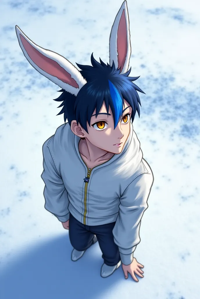 Black hair with blue stripe, White skin, male, bunny ears, and amber eyes, looks human but with bunny ears, Snow background, in the artstyle of rwby, looks like a ager