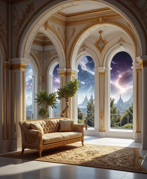 A utopian living room With white and gold arches.luxury.  In the background you can see a cosmic landscape. Plant. UHD 