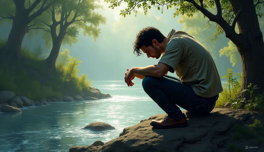 Prompts
He gasps, looks down into the river, and sits on a rock, holding his head in despair