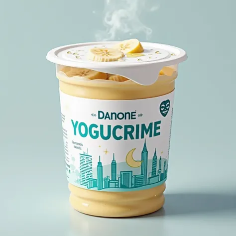 "Photorealistic image of a Danone-style cylindrical yogurt with a white lid securely covering the surface , translucent plastic body, and creamy banana-flavored yogurt inside. Visible banana slices float below the lid, and condensation droplets form on bot...