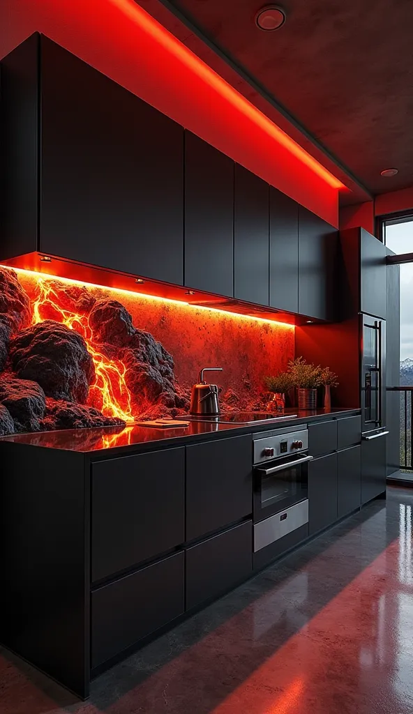 Design a bold and dramatic kitchen with an intense volcano-themed backsplash. The backsplash should display a volcanic eruption with molten lava flowing down rugged black rocks, glowing with deep orange and red hues. The lava appears to be in motion, with ...