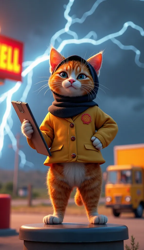 3D Pixar-style calico cat in a full Shell uniform, including a black hijab with a glittery red-and-yellow Shell logo. The cat stands heroically on a gas pump during a thunderstorm, holding a clipboard with an oversized pencil. Lightning flashes highlight d...