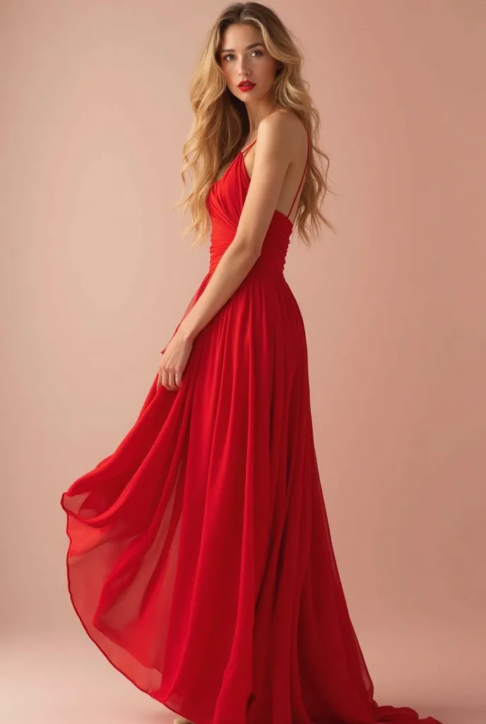 Photo of a woman wearing a red dress,  She stands , on a light background , lips painted , Looks Straight, blond hair long