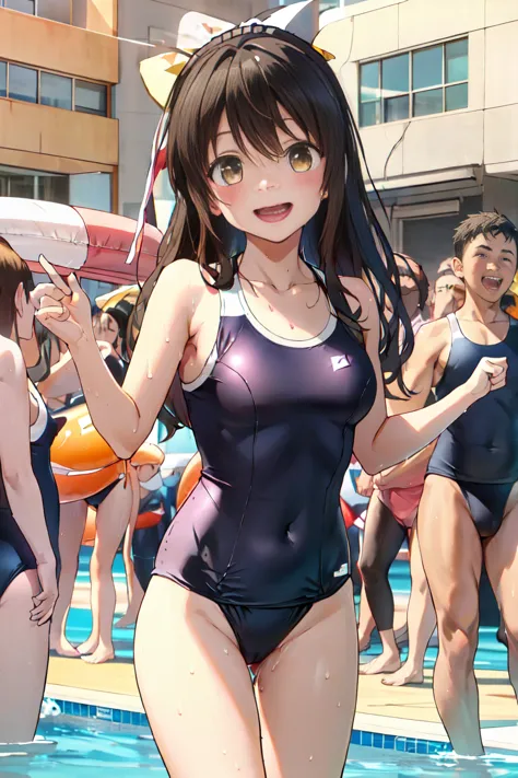  female 1 person,  black hair,(()),(((old School Swimsuit)))(((、 open mouth smile )),(((Yuki Mikan))),crowd(Girl&#39;s body type)(((small breasts)))Sexy Poses,((Sweaty))Outdoor Playground,exquisite pussy,To the back of the pussy,  on face,