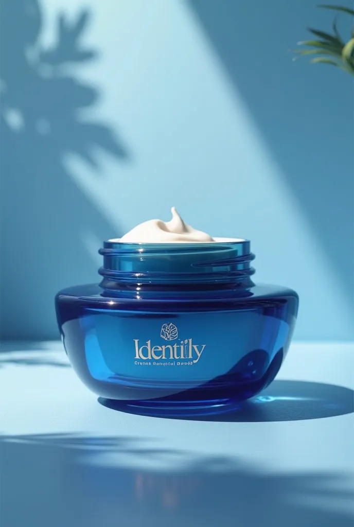 I want you to create a blue cream jar with a sophisticated design, showing the brand of the cream called IDENTIFY 