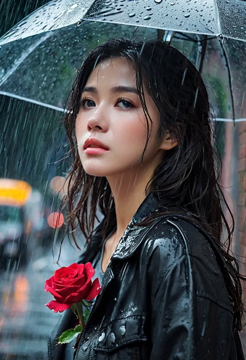 In a bustling city，rainstorm，A girl standing in the rain，The roses that the jk girl held tightly fell on the ground。Her eyes are full of sadness，Very sad expression，Gloomy eyes， And feel wronged，Wilted roses，Wilted flowers，The rain washed her cheeks。She in...