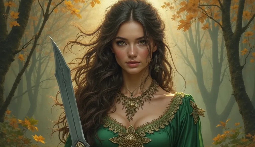 beautiful Celtic woman with big breasts and perfect body,  with a highly detailed sword , green clothes, mythological beings in the background, hyperrealistic portrait,detailed face,slender figure, elegant stance ,serene expression,captivating eyes,wavy ha...