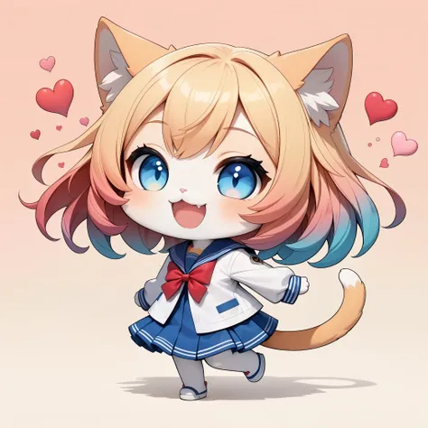 chibiかわいい猫女子, ( cat girl 1), furry, chibi, Deformed Character , colorful hair leaving shoulders, short hair, blue eyes, Cat ears, cat face, sailor suit, smile, laugh, (( hearts are scattered , gradation eyes)), earthless background:1.2, color gradi...