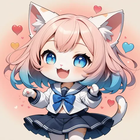 chibiかわいい猫女子, ( cat girl 1), furry, chibi, Deformed Character , colorful hair leaving shoulders, short hair, blue eyes, Cat ears, cat face, sailor suit, smile, laugh, (( hearts are scattered , gradation eyes)), earthless background:1.2, color gradi...