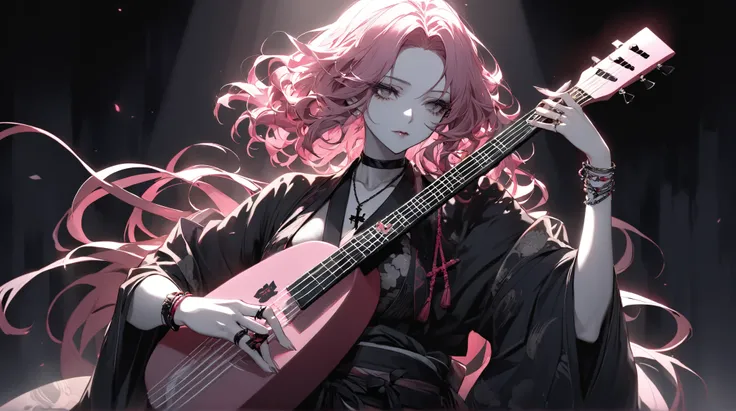 
 plays an electric guitar。Her wavy hair is in shades of pink and black、Her pale grey skin adds to the dramatic effect。and has a contemplative expression。Her hair appears to be blowing in the wind。She is wearing a haori over her bare skin、She is wearing mu...