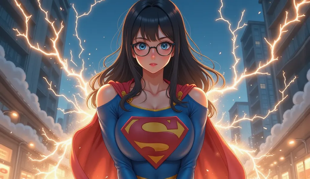 **"A three-stage transformation of a Japanese woman with long, silky black hair, striking blue eyes, and round nerd glasses as she undergoes a dramatic change due to powerful energy rays.

In the first stage, she appears as a petite, bookish woman wearing ...