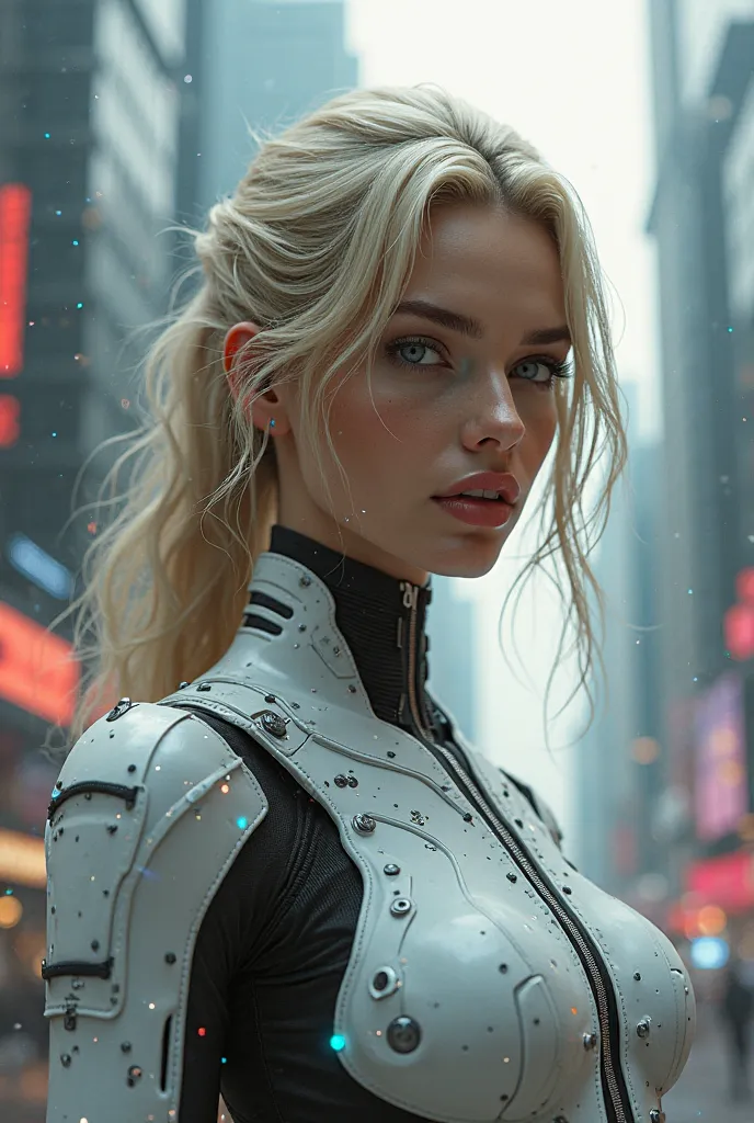 very attractive caucasian girl with very long blonde hair , age 27, as cyborg in the year 2525 in New York in he future