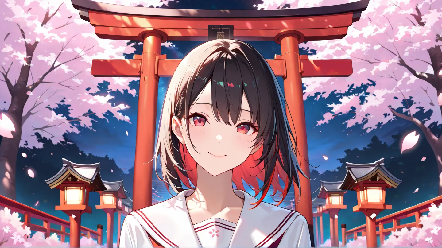 (Best Quality), (Very detailed), (Best illustrations),Gravure Model,night, lanterns, face focus,smile,serafuku,form behind,(red torii and cherry blossoms background:1.3), (masterpiece:1.3),best quality, ultra detailed, complex detail, maximum resolution, (...