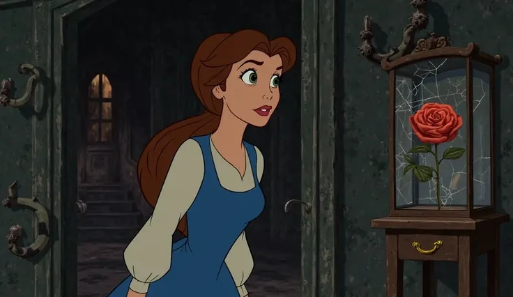 Belle Sneaking Into the West Wing – Belle (young woman, blue dress, brown hair in a loose ponytail) cautiously steps into the forbidden West Wing, her eyes wide. The room is dark and dusty, filled with clawed-up furniture, broken mirrors, and the enchanted...