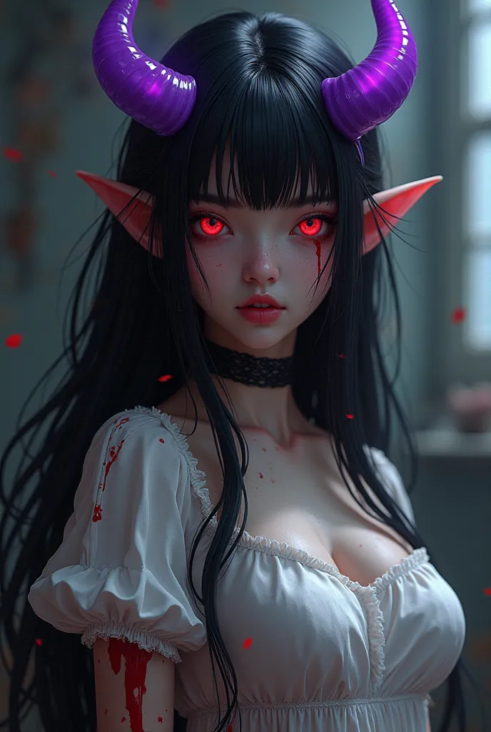 female. long black hair. glowing purple hairstrands. red eyes. pointy ears. purple horns. black neck choker. white plain short dress. white puffy short sleeves. Blood all over her. 